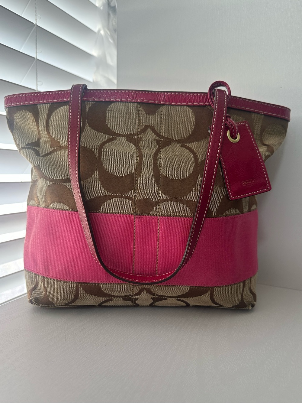 Coach Hampton Signature Stripe Canvas Tote with Pink Leather Trim Y2K